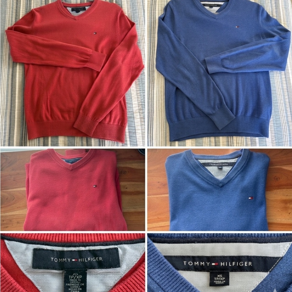 (2) Tommy Hilfiger Men's V-Neck Sweaters in Red and Blue